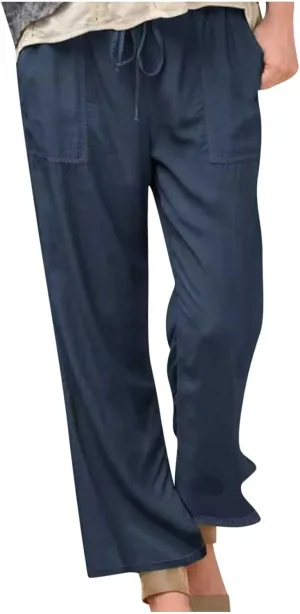 Wide Leg Pants Women Summer 2024 Trendy Straight Leg Pants Cotton Linen Drawstring Elastic Trousers with Pockets