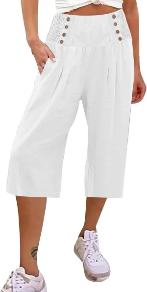 Wide Leg Work Pants for Women Pants Elastic Waist Summer Trousers 3/4 Length Pants with High Linen Pants for Women