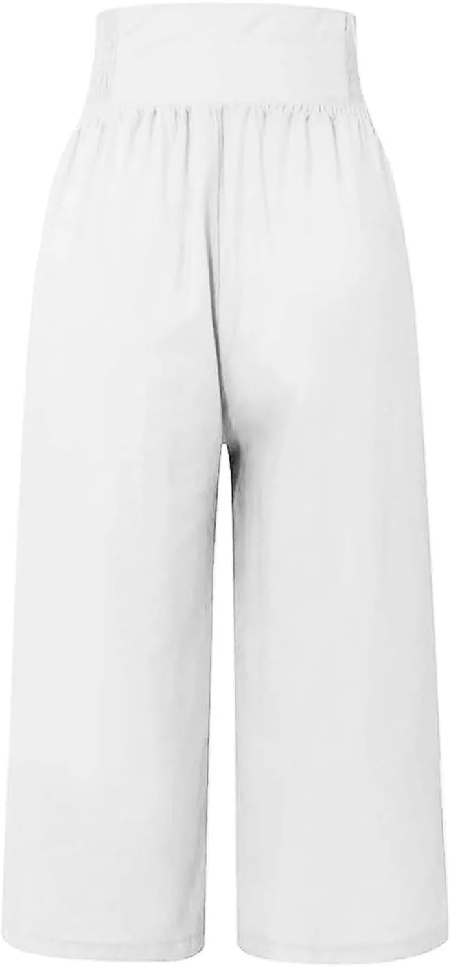 Wide Leg Work Pants for Women Pants Elastic Waist Summer Trousers 3/4 Length Pants with High Linen Pants for Women