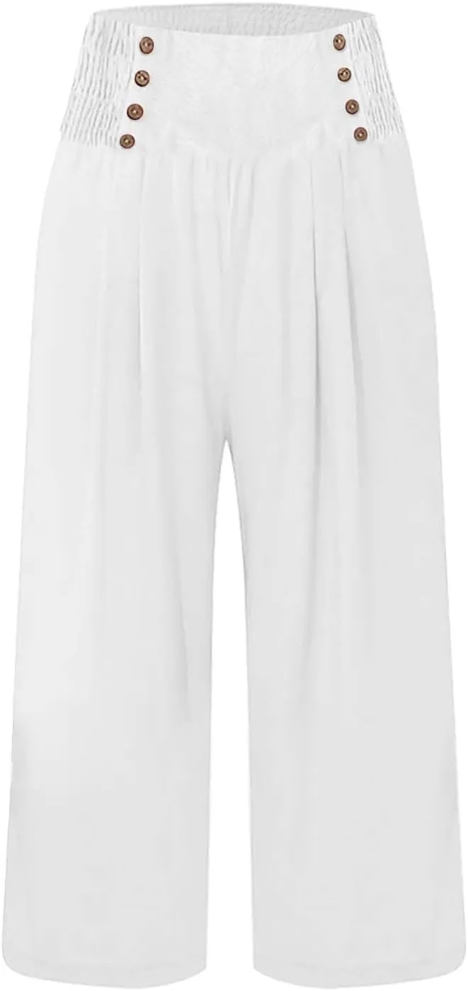 Wide Leg Work Pants for Women Pants Elastic Waist Summer Trousers 3/4 Length Pants with High Linen Pants for Women