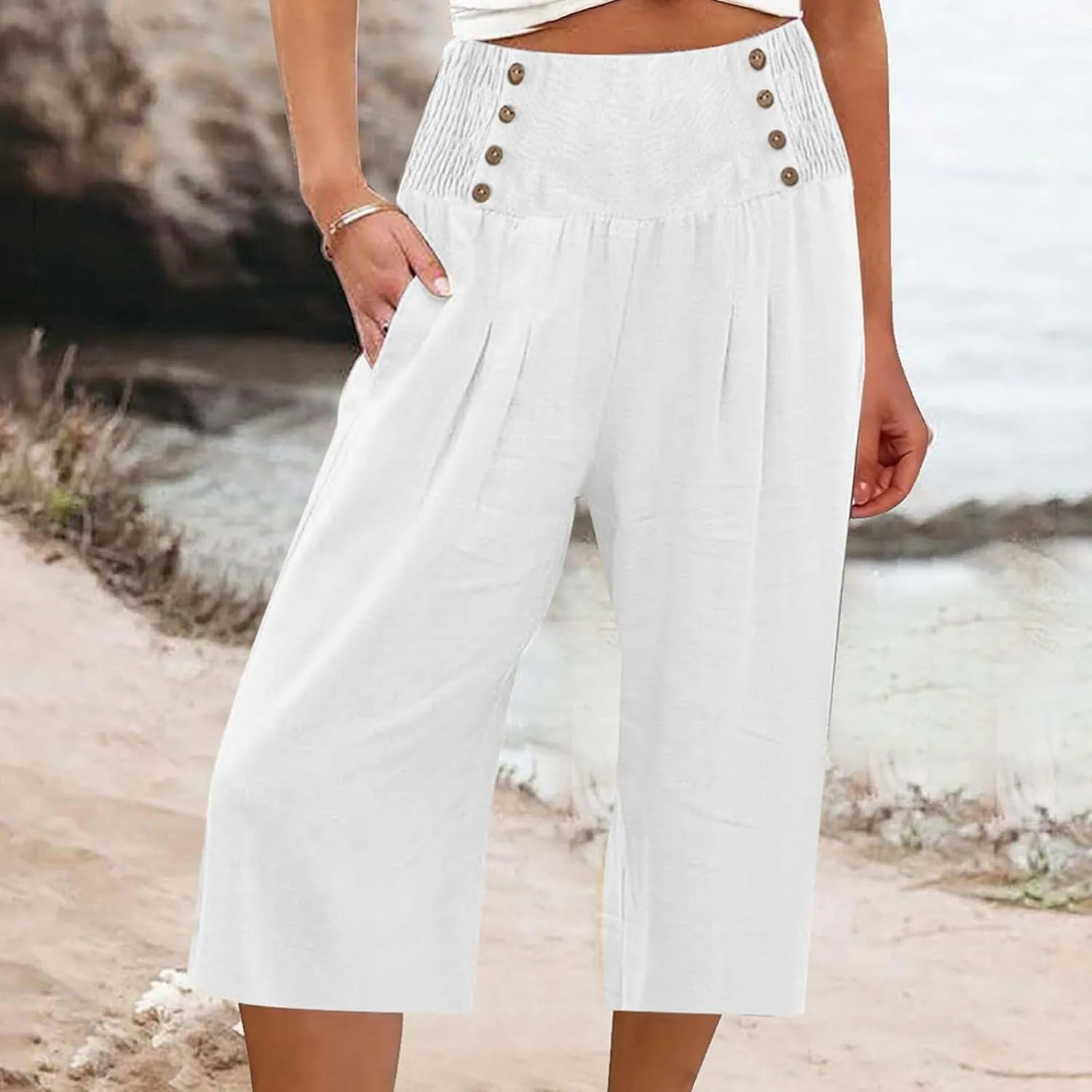 Wide Leg Work Pants for Women Pants Elastic Waist Summer Trousers 3/4 Length Pants with High Linen Pants for Women