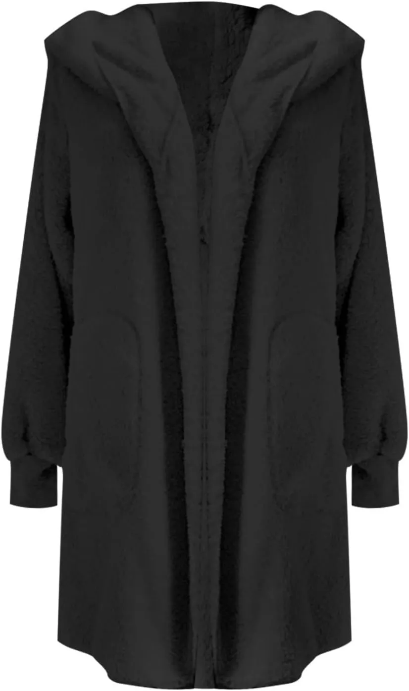 Winter Coats for Women 2024 Plus Size Long Sleeve Fuzzy Fleece Jacket Hooded Casual Warm Open Front Cardigans Outwear