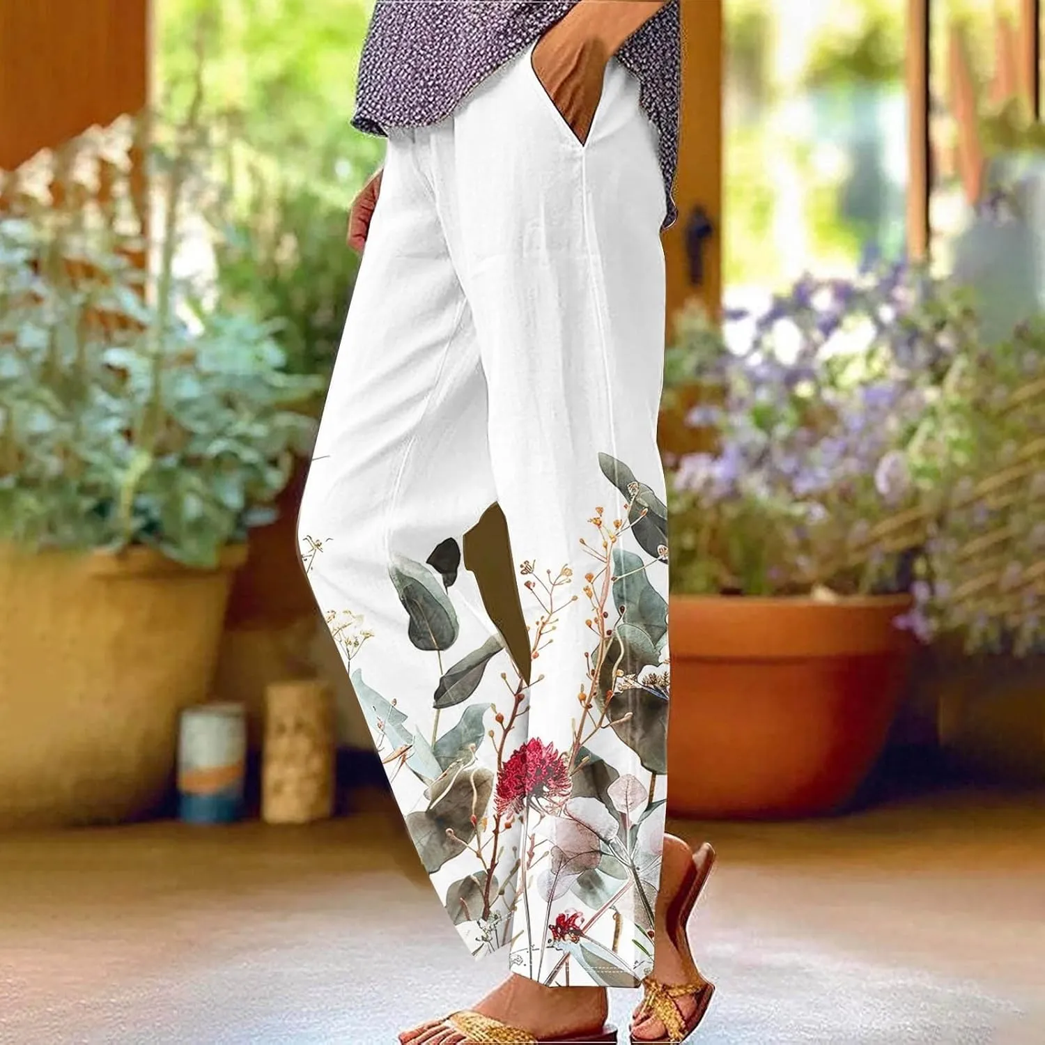 Woman Wide Leg Linen Pants 2025 Women's Botanical Floral Print Loose Pocket Casual Cotton and Linen Pants