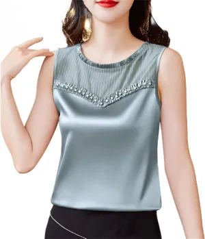 Women Beaded Tank Top Silk Satin Shirt Round Neck Sleeveless Camisole