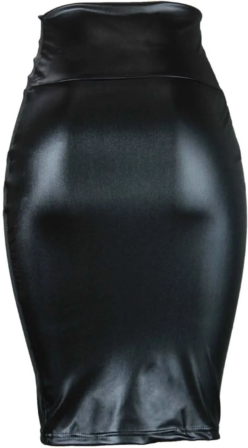 Women Bodycon Pencil Midi Skirts Elastic High Waisted Stretchy Leather Work Skirt Slim Fit Business Office Dress