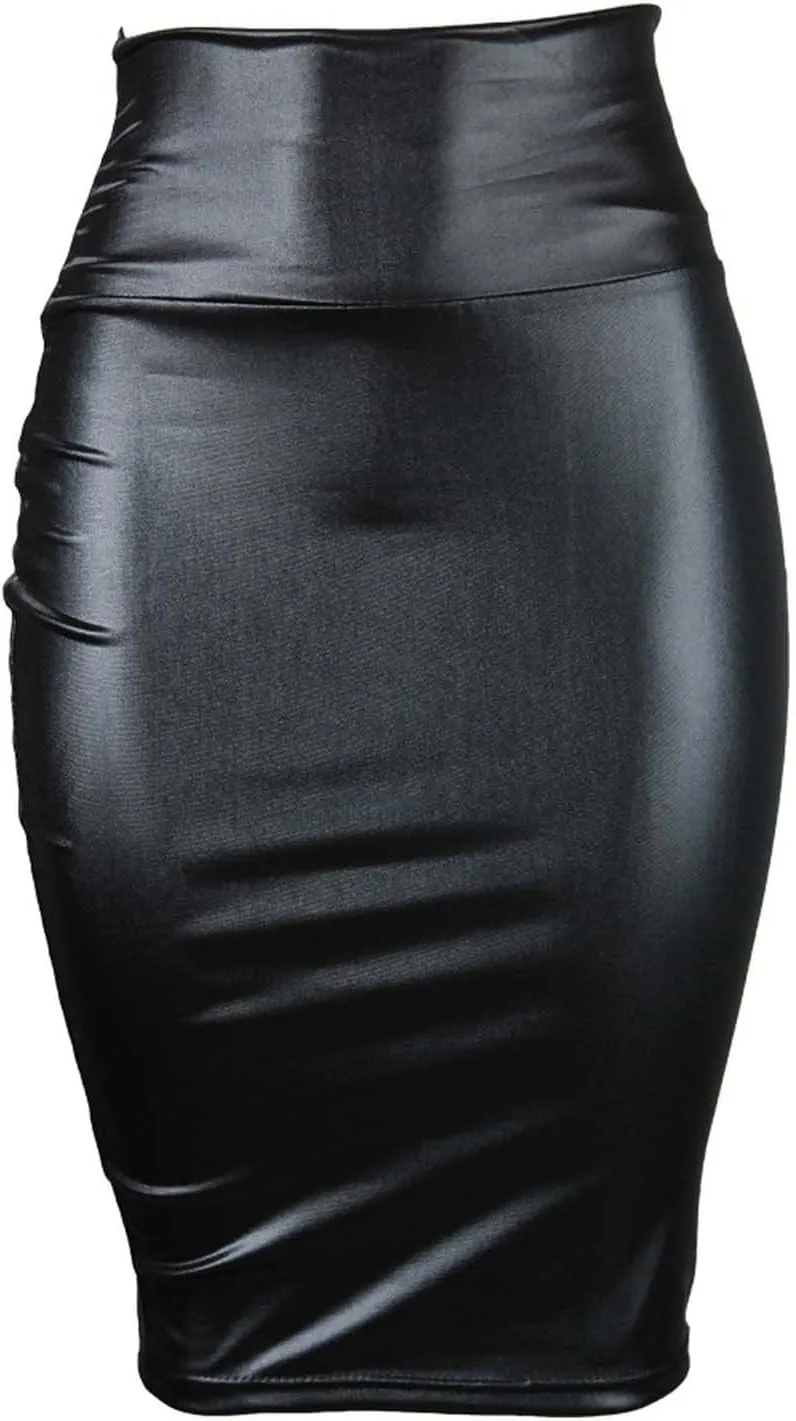 Women Bodycon Pencil Midi Skirts Elastic High Waisted Stretchy Leather Work Skirt Slim Fit Business Office Dress
