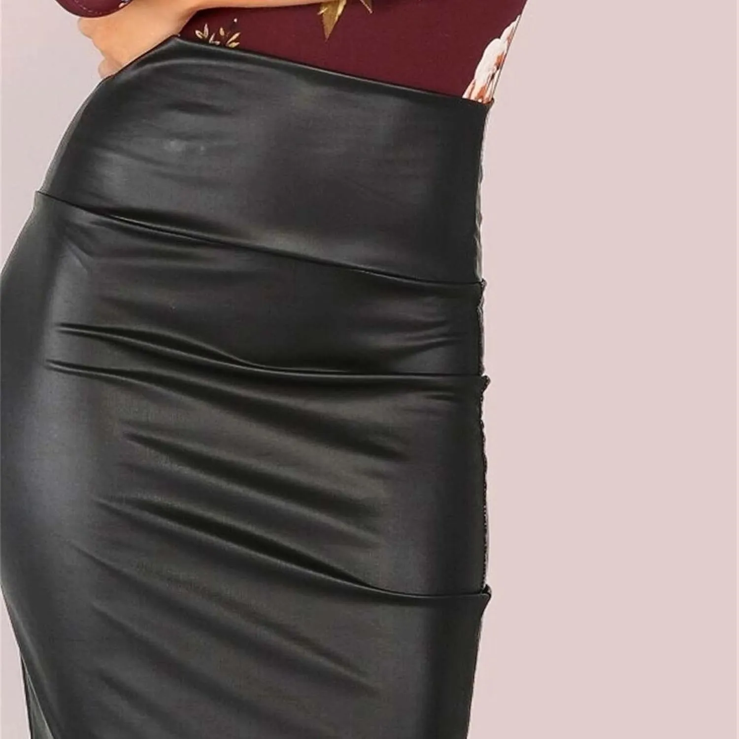 Women Bodycon Pencil Midi Skirts Elastic High Waisted Stretchy Leather Work Skirt Slim Fit Business Office Dress