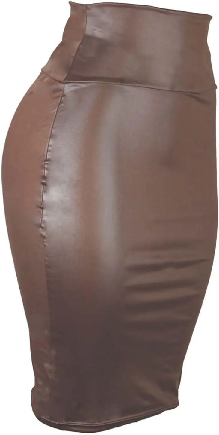 Women Bodycon Pencil Midi Skirts Elastic High Waisted Stretchy Leather Work Skirt Slim Fit Business Office Dress