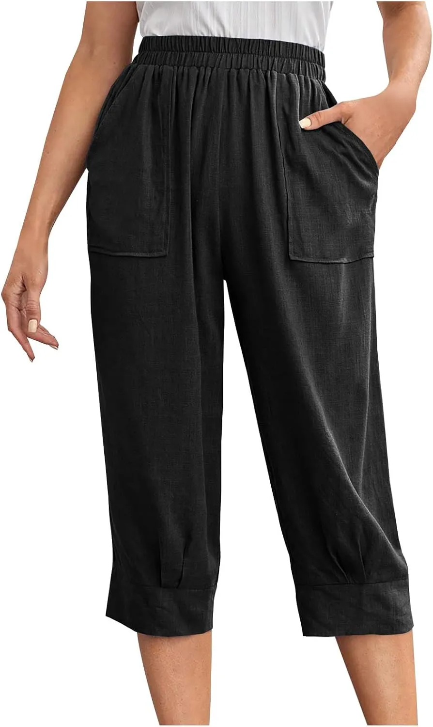Women Capri Pants Fashion Casual Color Elastic Loose Pants Straight Wide Leg Trousers Vacation Outfits for Women