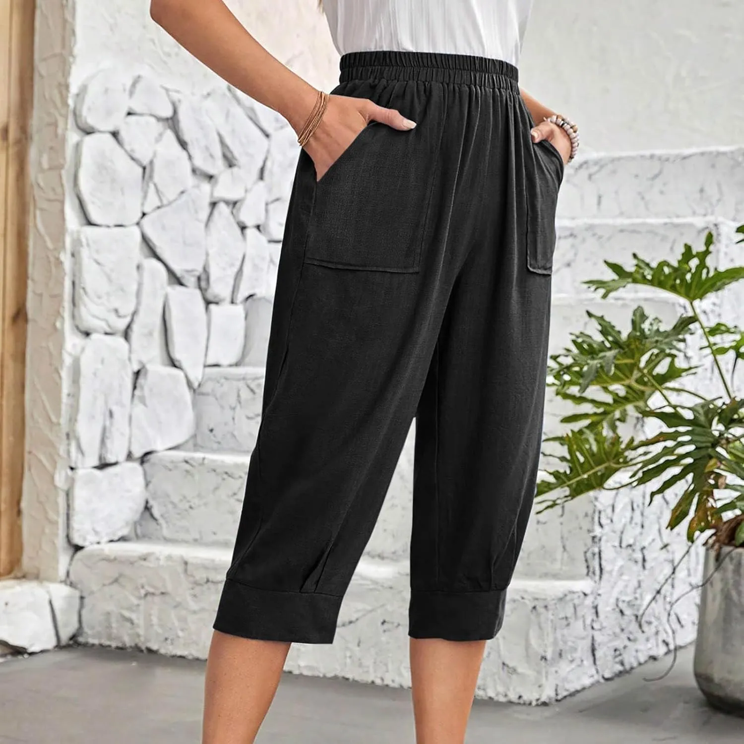 Women Capri Pants Fashion Casual Color Elastic Loose Pants Straight Wide Leg Trousers Vacation Outfits for Women