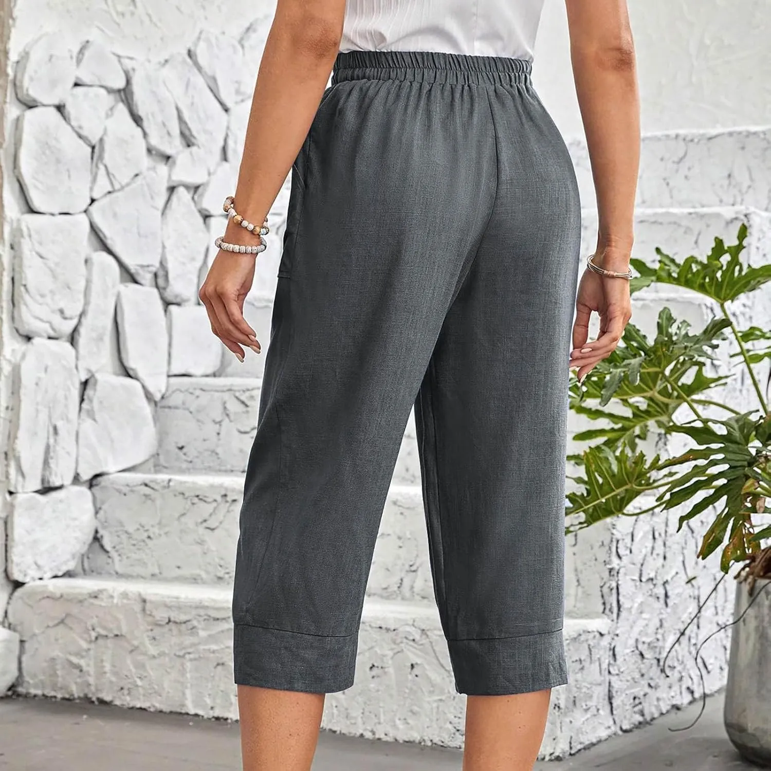 Women Capri Pants Fashion Casual Color Elastic Loose Pants Straight Wide Leg Trousers Vacation Outfits for Women