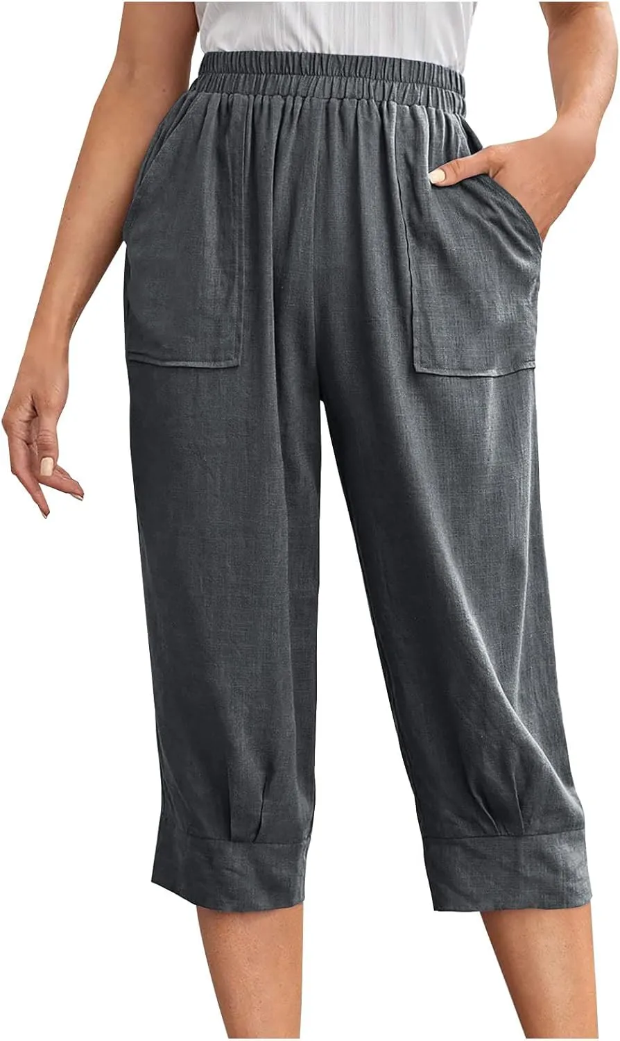 Women Capri Pants Fashion Casual Color Elastic Loose Pants Straight Wide Leg Trousers Vacation Outfits for Women
