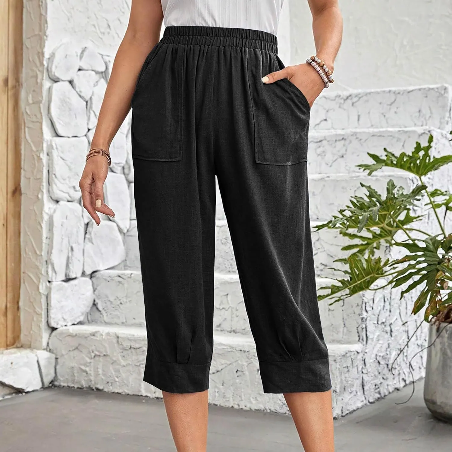 Women Capri Pants Fashion Casual Color Elastic Loose Pants Straight Wide Leg Trousers Vacation Outfits for Women