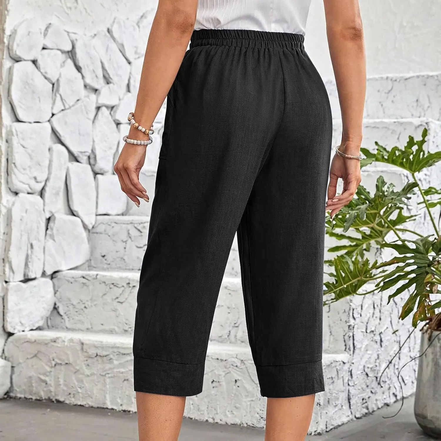 Women Capri Pants Fashion Casual Color Elastic Loose Pants Straight Wide Leg Trousers Vacation Outfits for Women