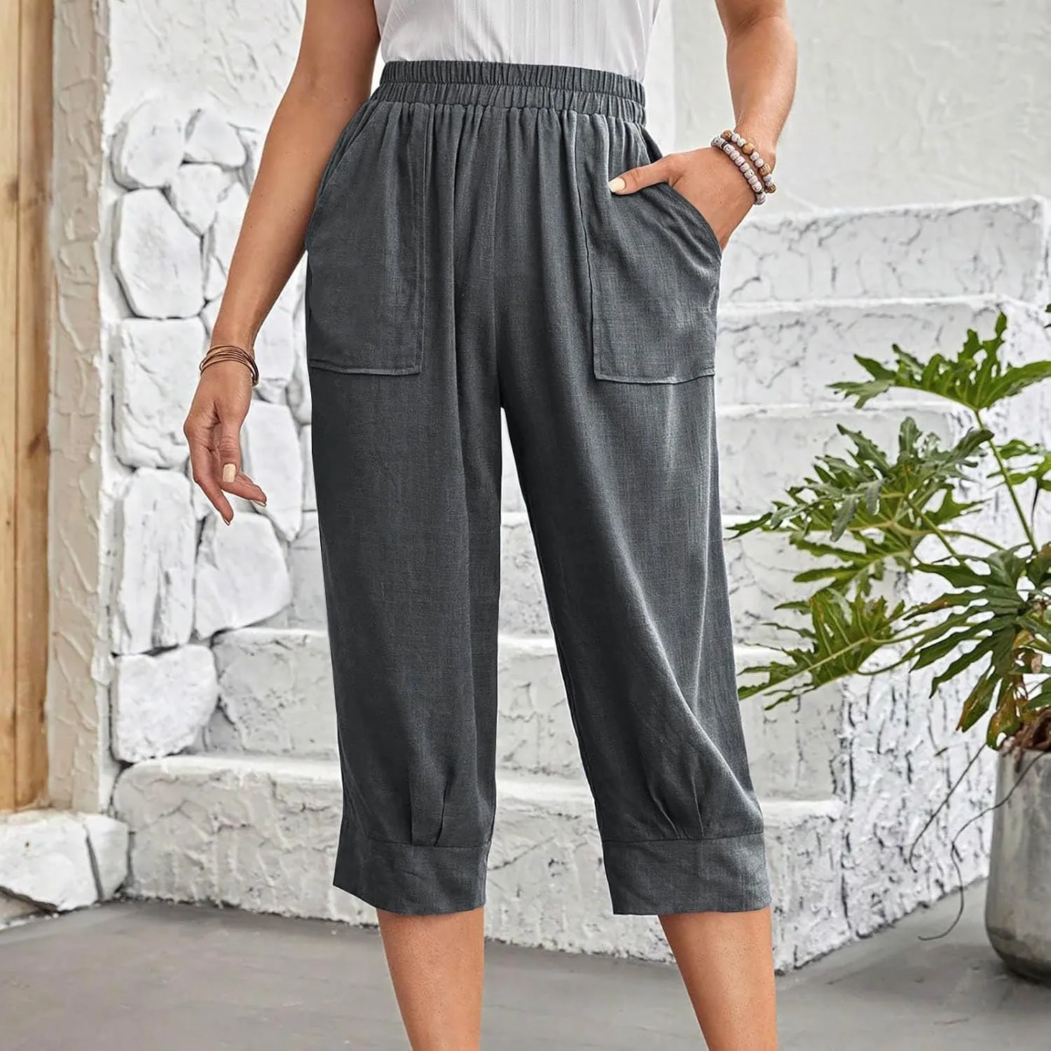 Women Capri Pants Fashion Casual Color Elastic Loose Pants Straight Wide Leg Trousers Vacation Outfits for Women