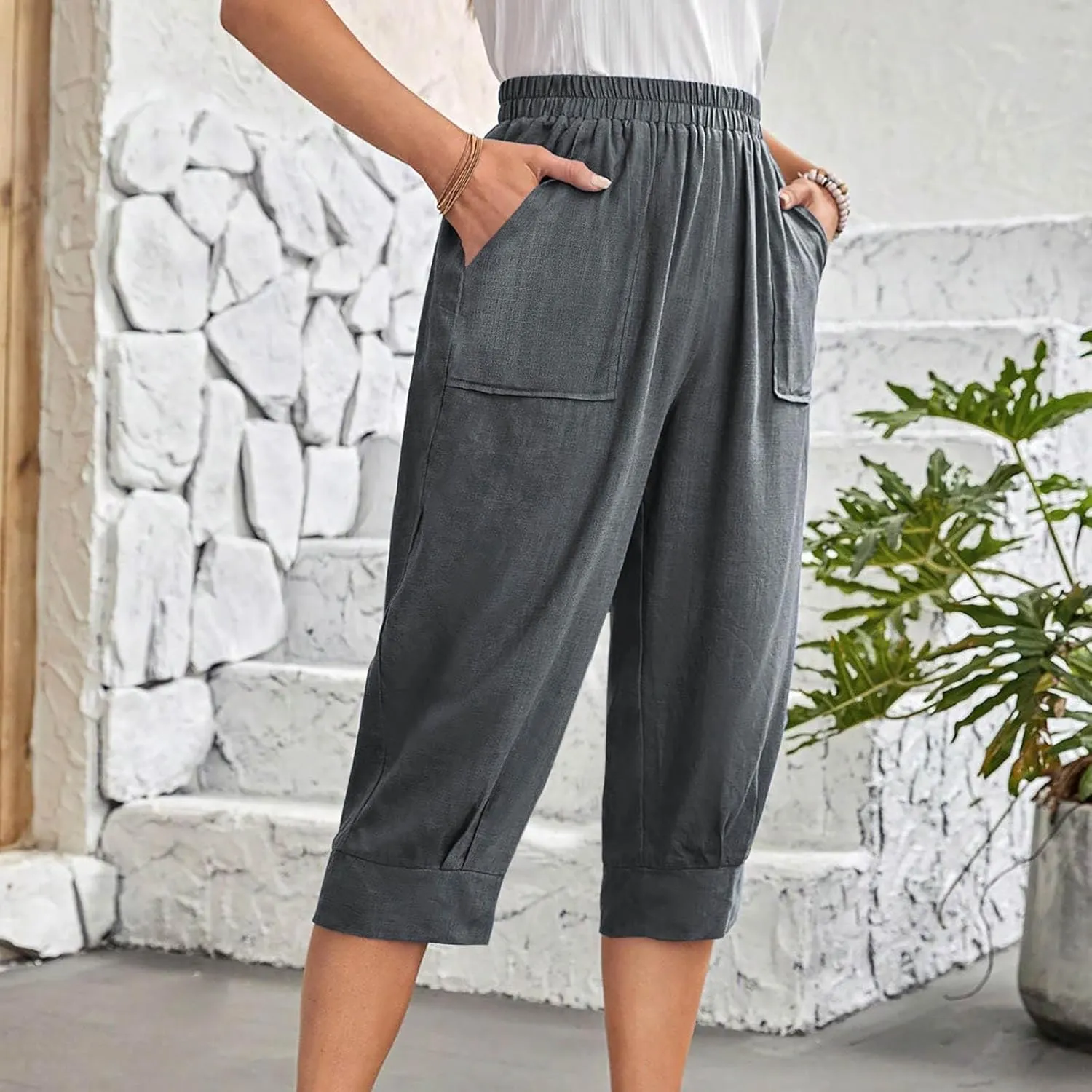 Women Capri Pants Fashion Casual Color Elastic Loose Pants Straight Wide Leg Trousers Vacation Outfits for Women