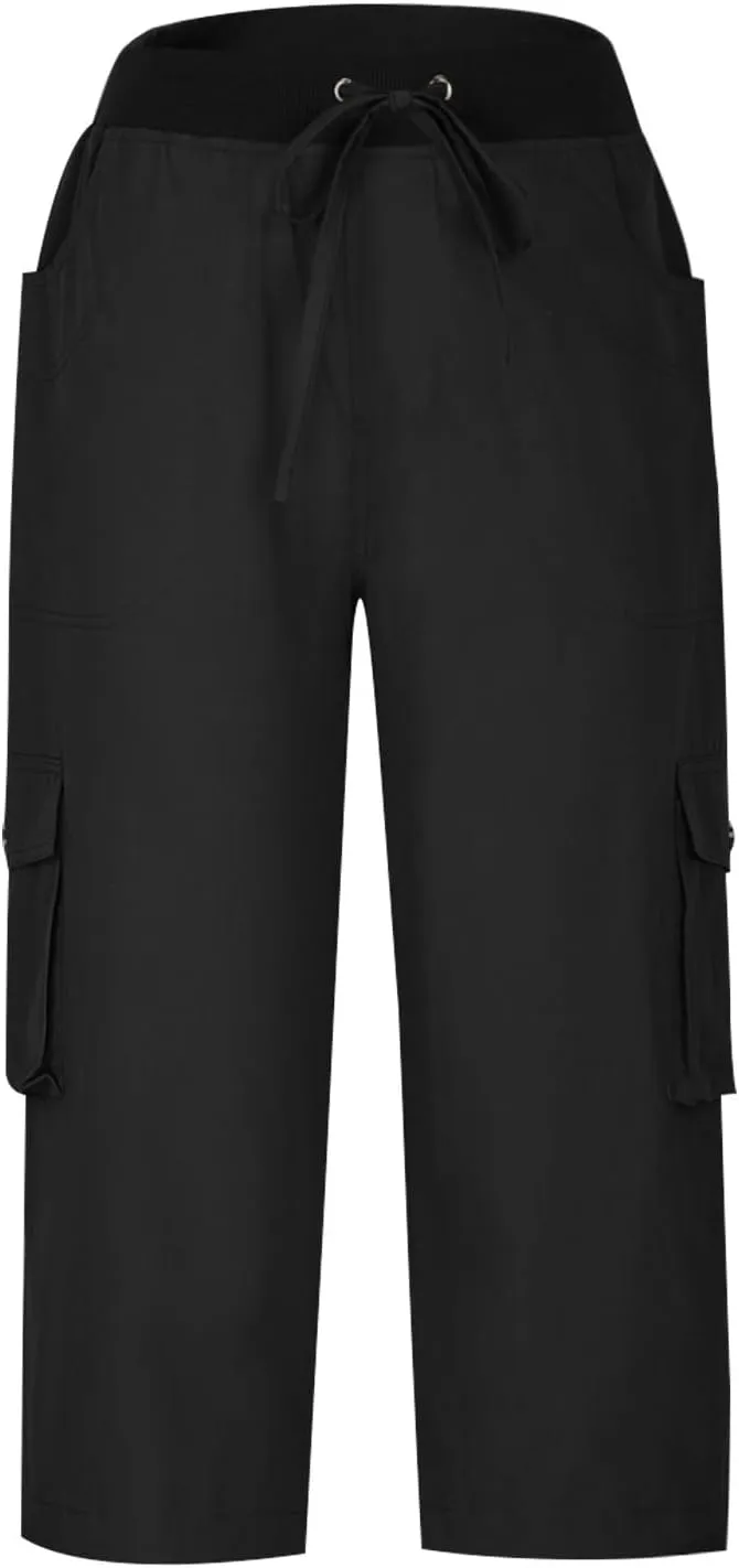 Women Cargo Capris Summer Casual Drawstring Capri Pants with Pockets Wide Leg Cropped Trouser Outdoor Hiking Pants