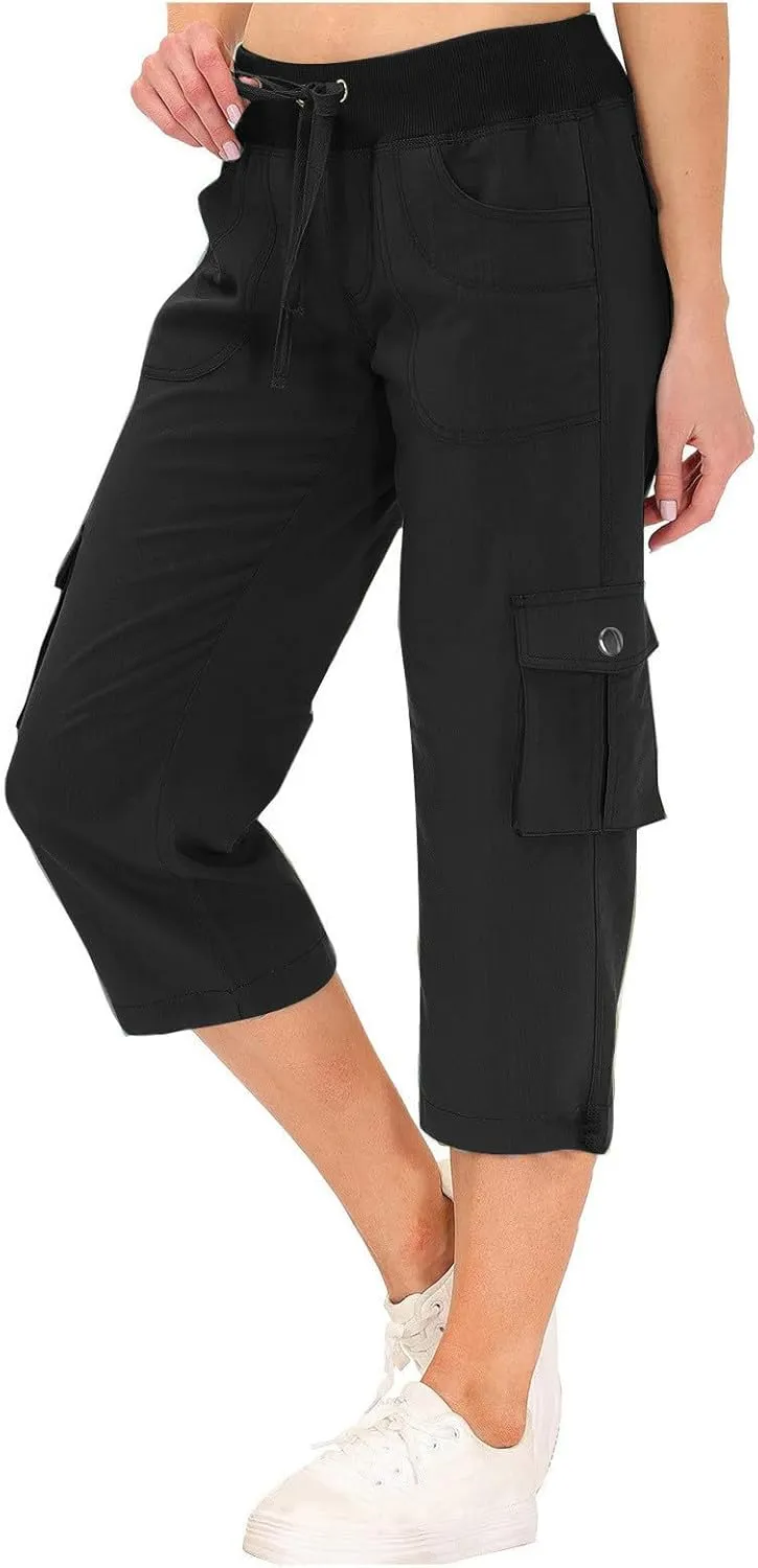 Women Cargo Capris Summer Casual Drawstring Capri Pants with Pockets Wide Leg Cropped Trouser Outdoor Hiking Pants