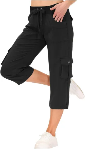Women Cargo Capris Summer Casual Drawstring Capri Pants with Pockets Wide Leg Cropped Trouser Outdoor Hiking Pants