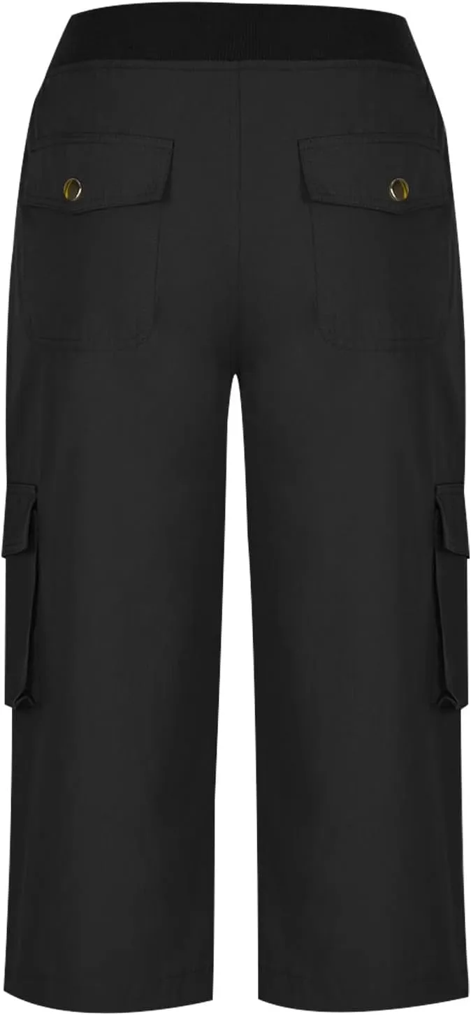 Women Cargo Capris Summer Casual Drawstring Capri Pants with Pockets Wide Leg Cropped Trouser Outdoor Hiking Pants