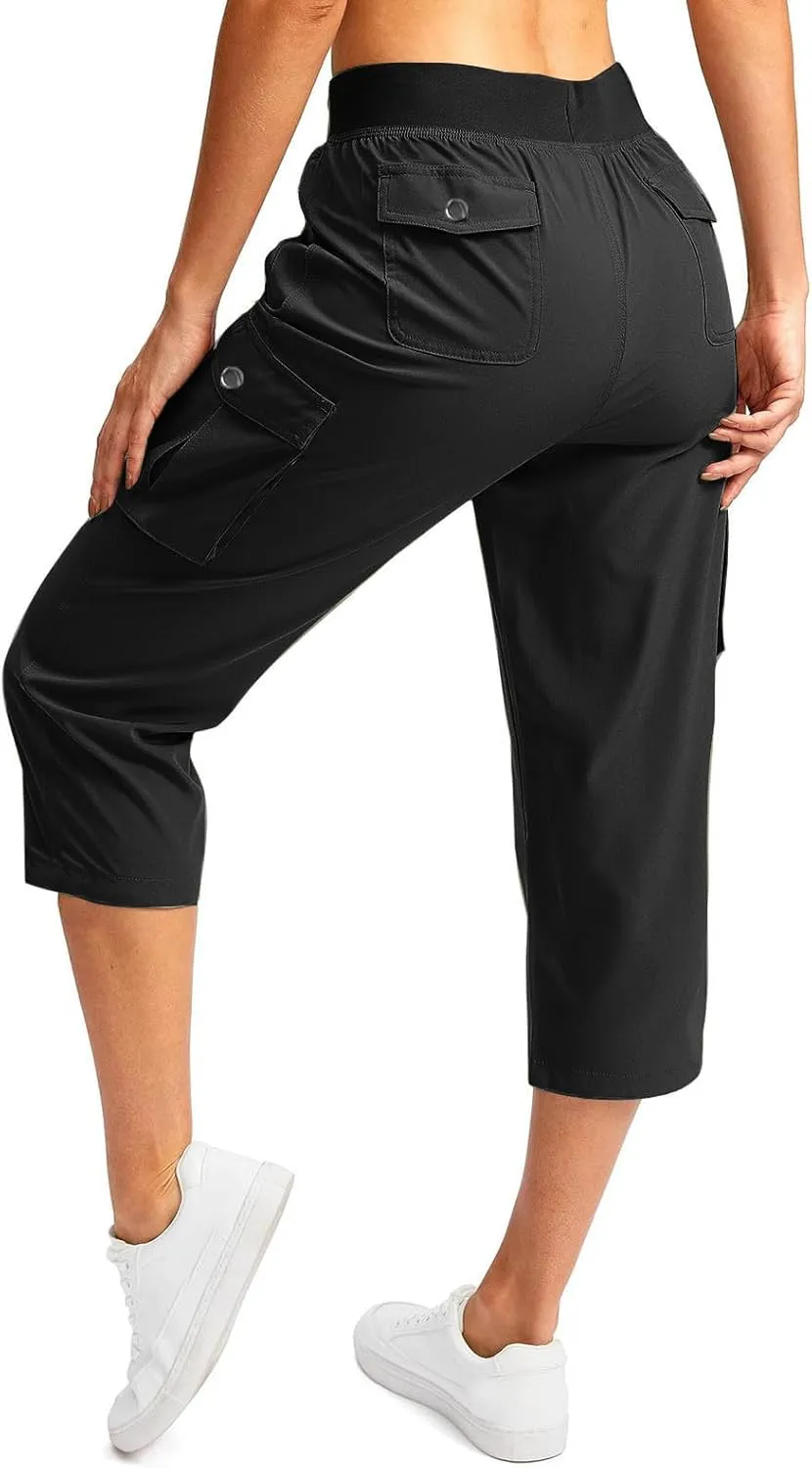 Women Cargo Capris Summer Casual Drawstring Capri Pants with Pockets Wide Leg Cropped Trouser Outdoor Hiking Pants