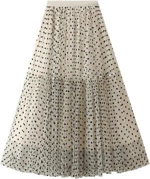 Women Casual Polka Dot Mesh High Waisted Skirt Slim Fit Tulle Layered A-Line Skirts