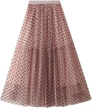 Women Casual Polka Dot Mesh High Waisted Skirt Slim Fit Tulle Layered A-Line Skirts