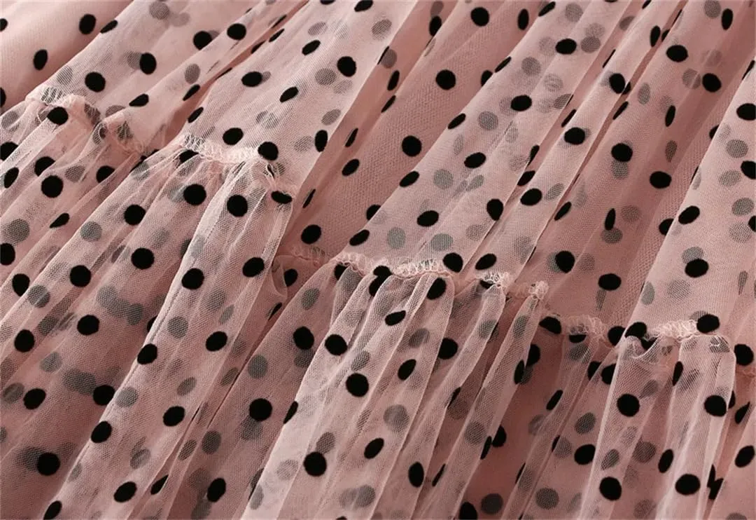 Women Casual Polka Dot Mesh High Waisted Skirt Slim Fit Tulle Layered A-Line Skirts