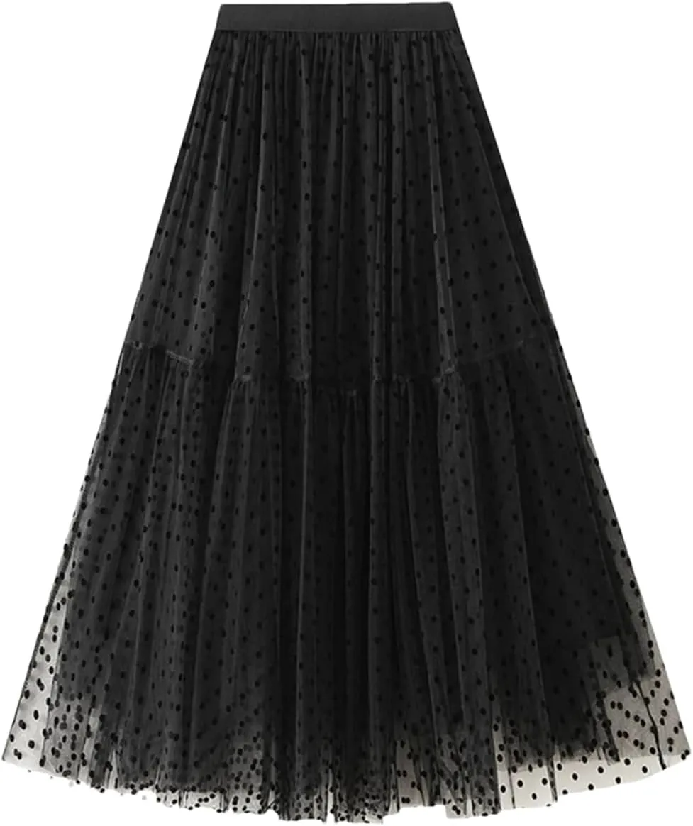 Women Casual Polka Dot Mesh High Waisted Skirt Slim Fit Tulle Layered A-Line Skirts