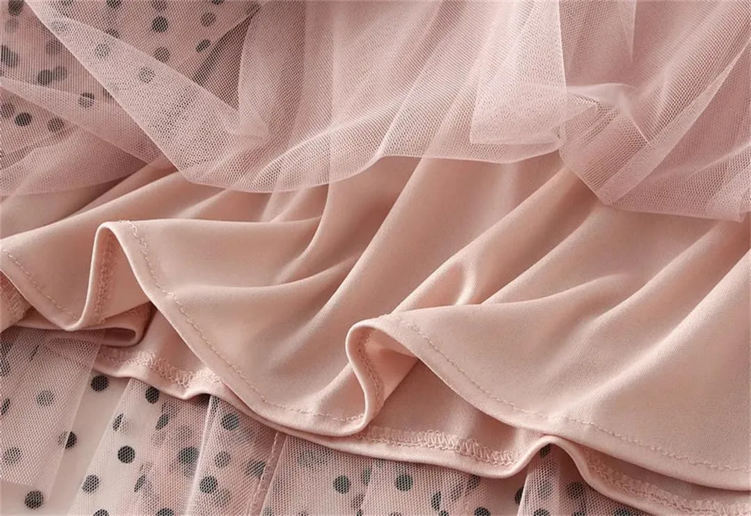 Women Casual Polka Dot Mesh High Waisted Skirt Slim Fit Tulle Layered A-Line Skirts