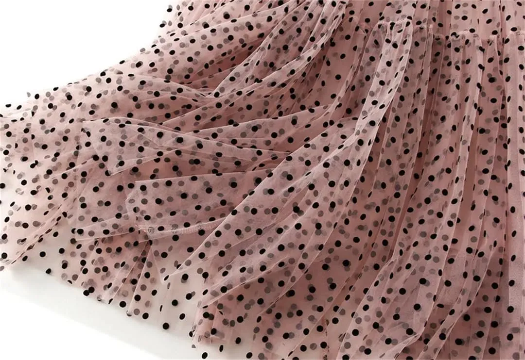 Women Casual Polka Dot Mesh High Waisted Skirt Slim Fit Tulle Layered A-Line Skirts