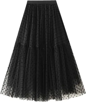 Women Casual Polka Dot Mesh High Waisted Skirt Slim Fit Tulle Layered A-Line Skirts