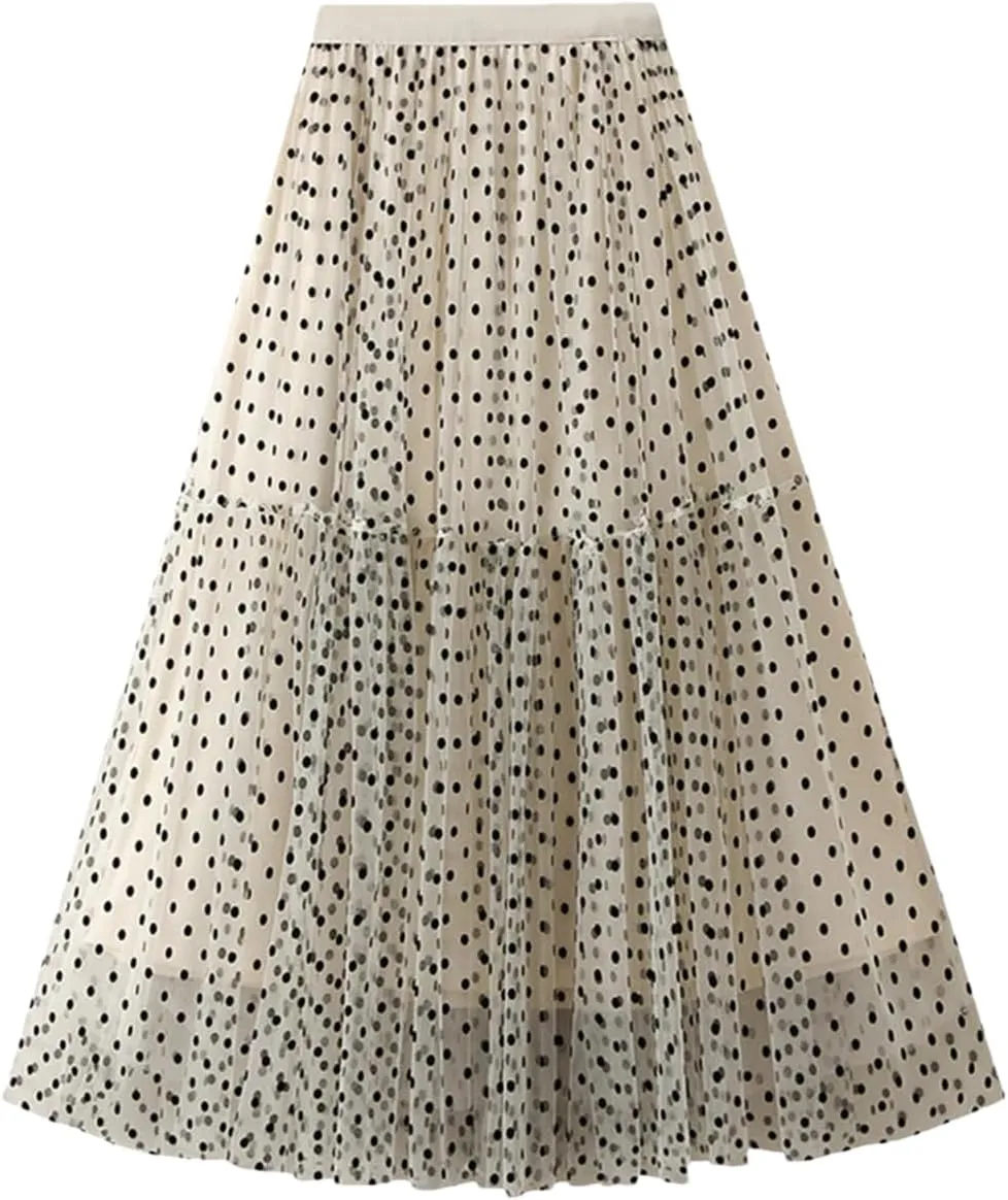 Women Casual Polka Dot Mesh High Waisted Skirt Slim Fit Tulle Layered A-Line Skirts