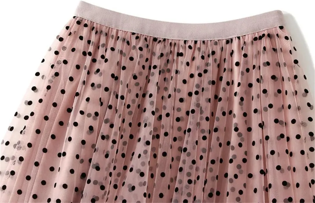 Women Casual Polka Dot Mesh High Waisted Skirt Slim Fit Tulle Layered A-Line Skirts