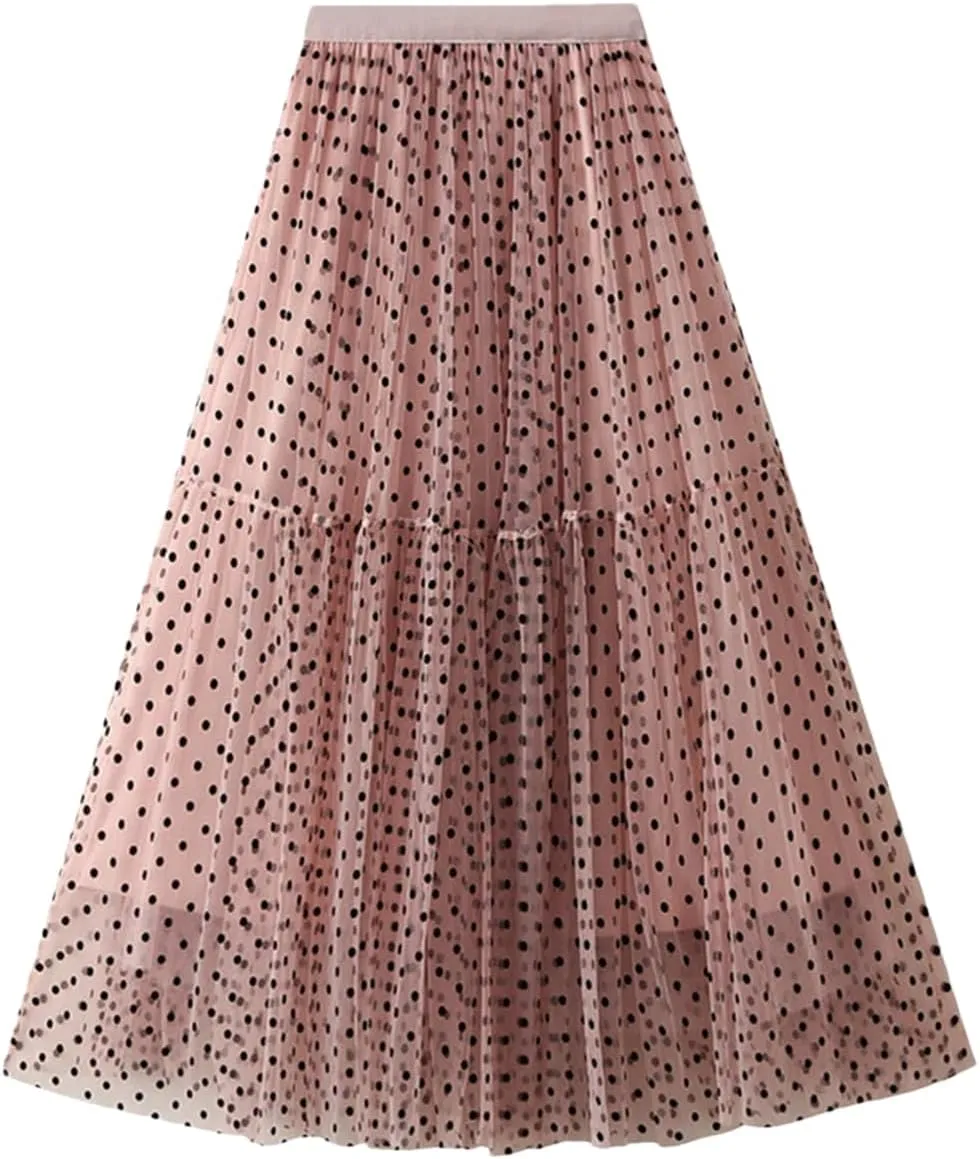 Women Casual Polka Dot Mesh High Waisted Skirt Slim Fit Tulle Layered A-Line Skirts