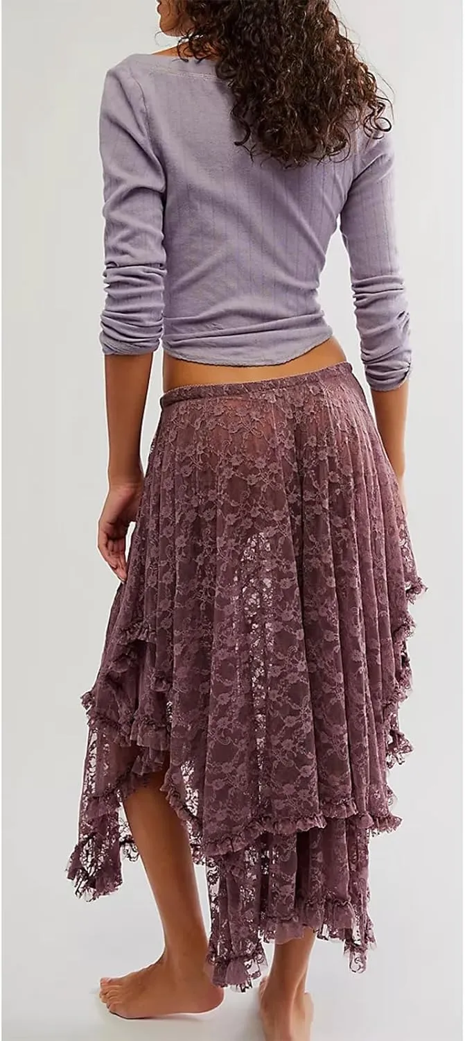 Women Lace Long Skirt High Waist Ruffle Irregular Hem Layered Skirt Solid Sheer Y2k Summer Outfit