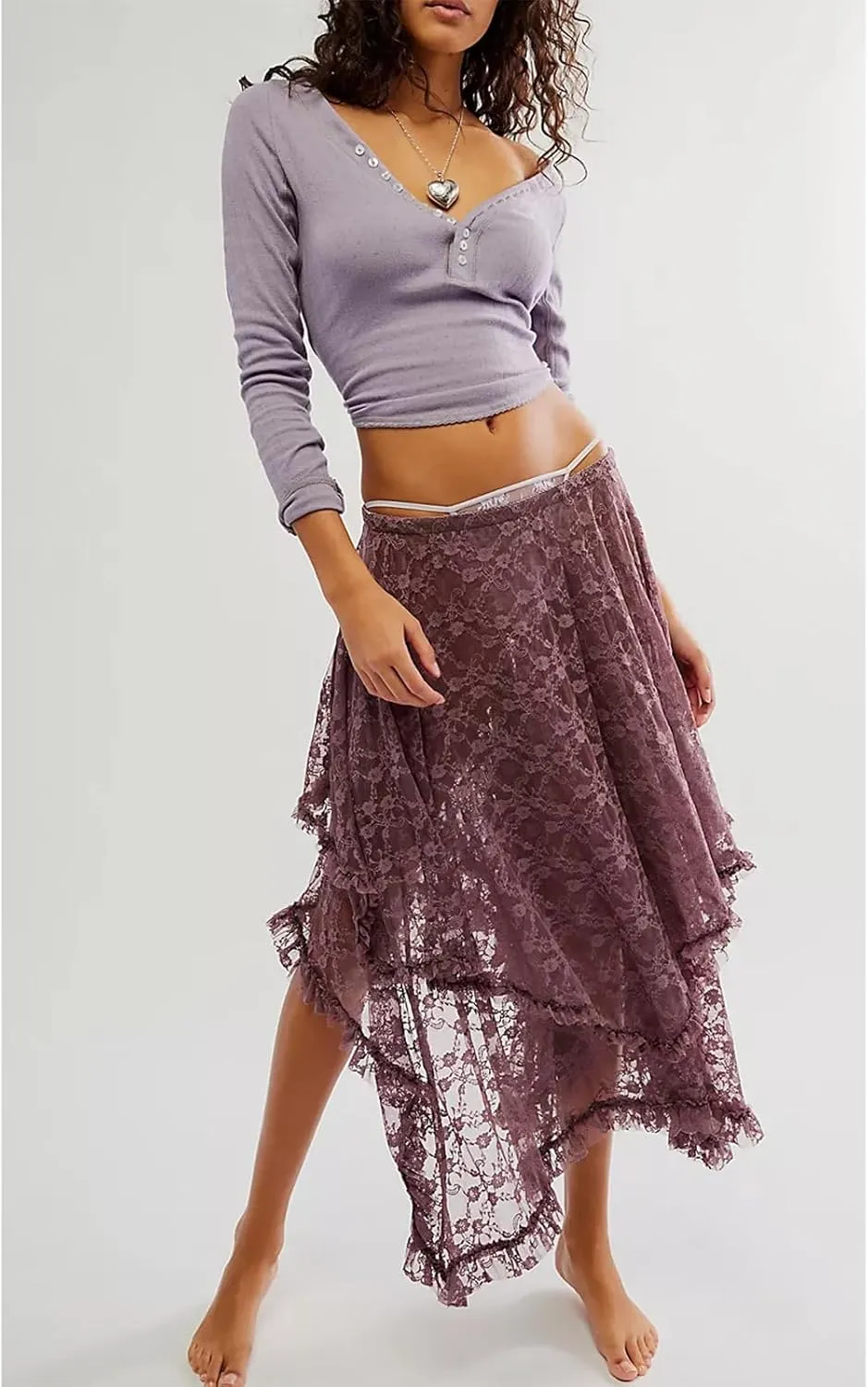 Women Lace Long Skirt High Waist Ruffle Irregular Hem Layered Skirt Solid Sheer Y2k Summer Outfit