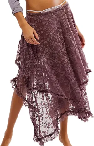 Women Lace Long Skirt High Waist Ruffle Irregular Hem Layered Skirt Solid Sheer Y2k Summer Outfit