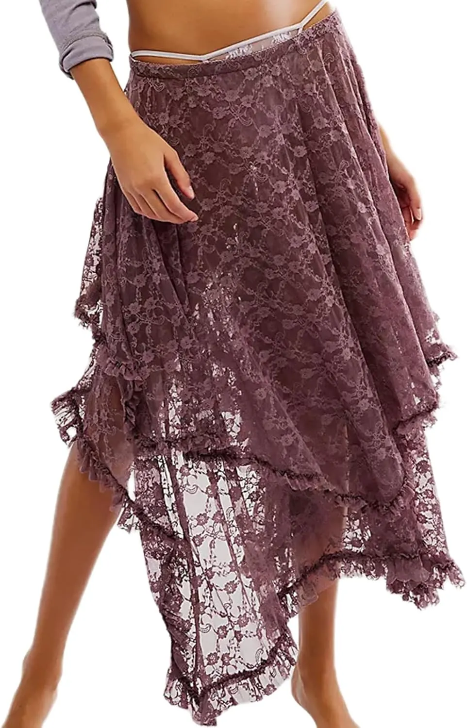 Women Lace Long Skirt High Waist Ruffle Irregular Hem Layered Skirt Solid Sheer Y2k Summer Outfit