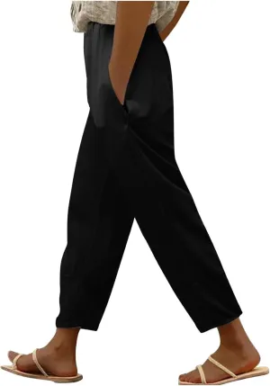 Women Linen Blend Summer Print Pant Trousers Low Waist Straight Loose Fit Pant Trousers Travel