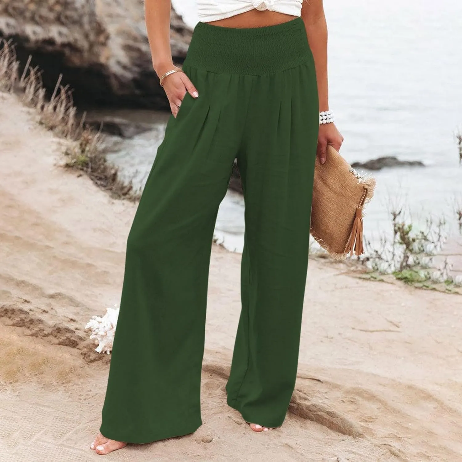 Women Linen Palazzo Pants Summer Boho Wide Leg High Waist Casual Lounge Pant 2025 Trendy Beach Travel Trousers