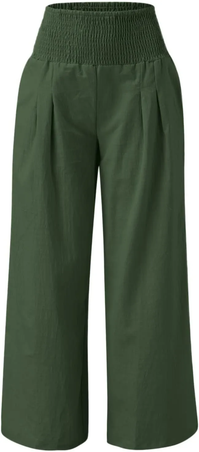 Women Linen Palazzo Pants Summer Boho Wide Leg High Waist Casual Lounge Pant 2025 Trendy Beach Travel Trousers