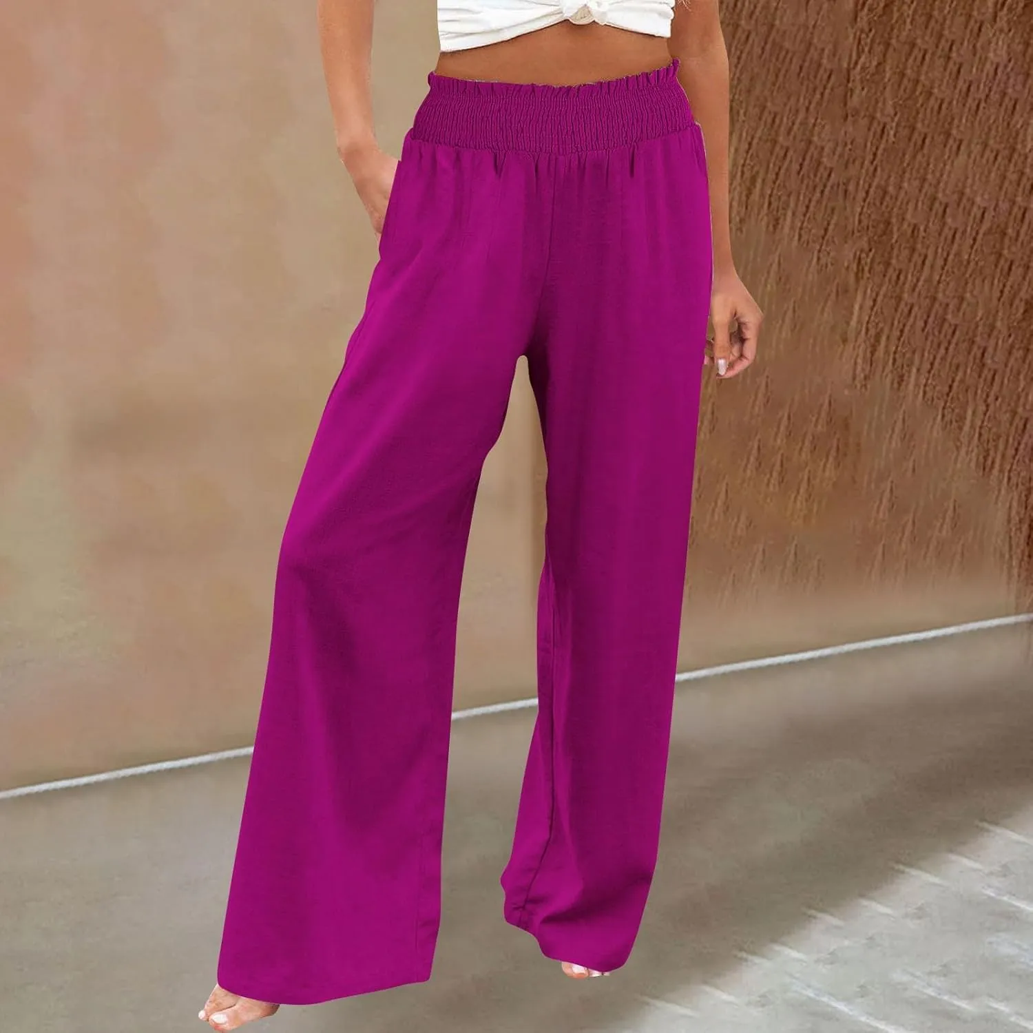 Women Linen Palazzo Pants Wide Leg High Waist Summer Casual Boho Trousers Travel Vacation Long Work
