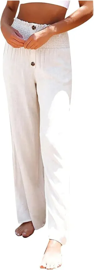 Women Linen Pants 2024 Dressy Comfy Flowy Wide Leg Pant Trouser Summer Trendy High Waisted Beach Stretch Palazzo Pant