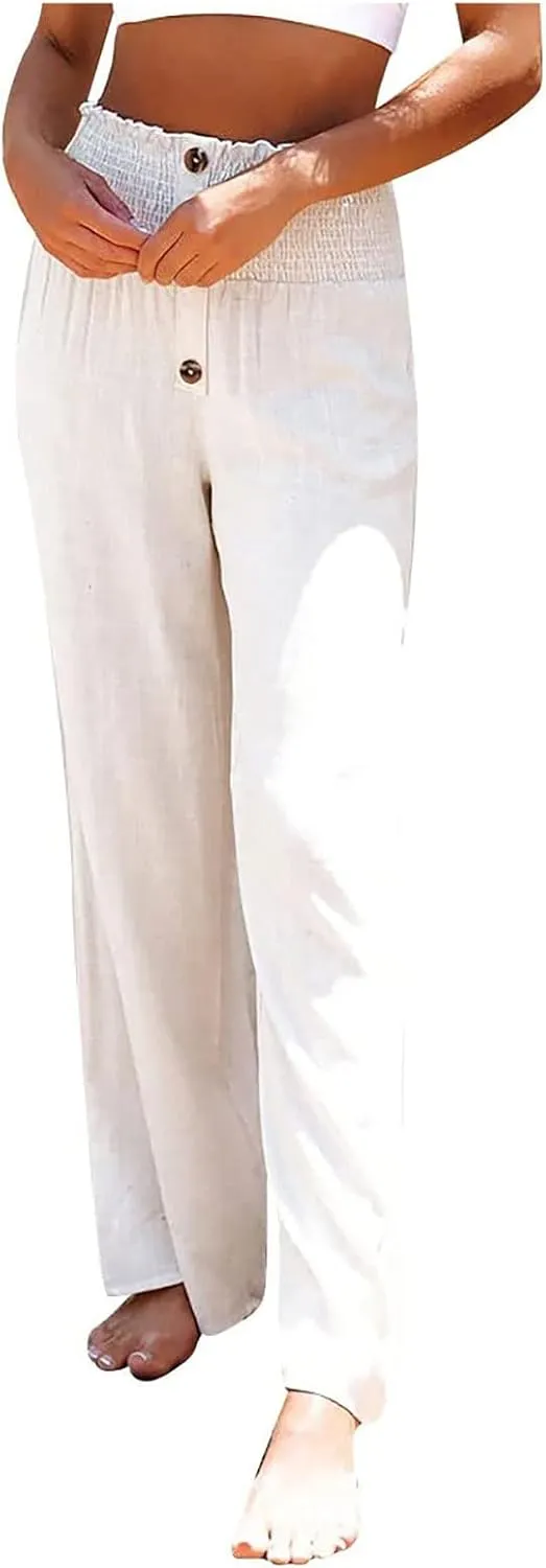 Women Linen Pants 2024 Dressy Comfy Flowy Wide Leg Pant Trouser Summer Trendy High Waisted Beach Stretch Palazzo Pant