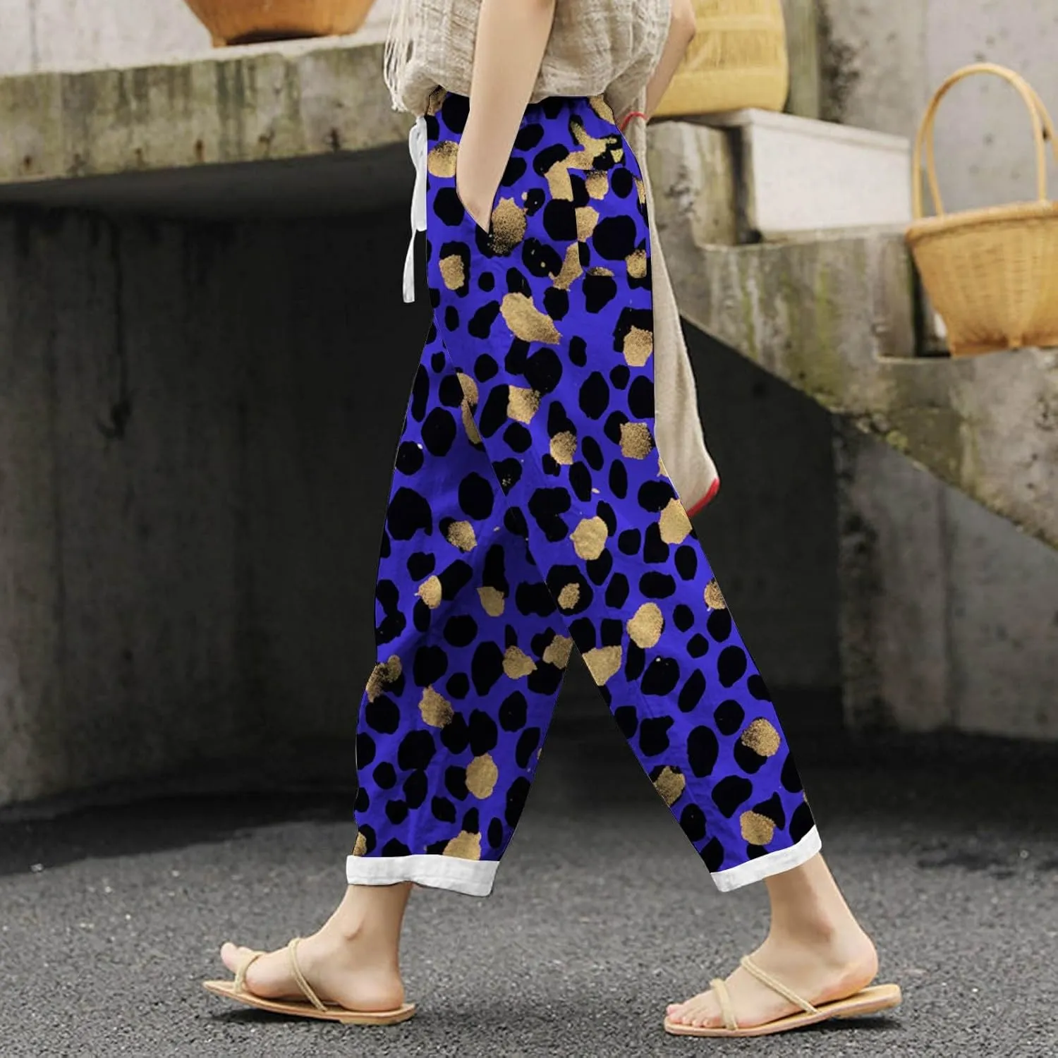 Women Linen Pants Flowy Wide Leg Palazzo Pant High Waisted Drawstring Casual Pants Loose Lounge Beach Trousers