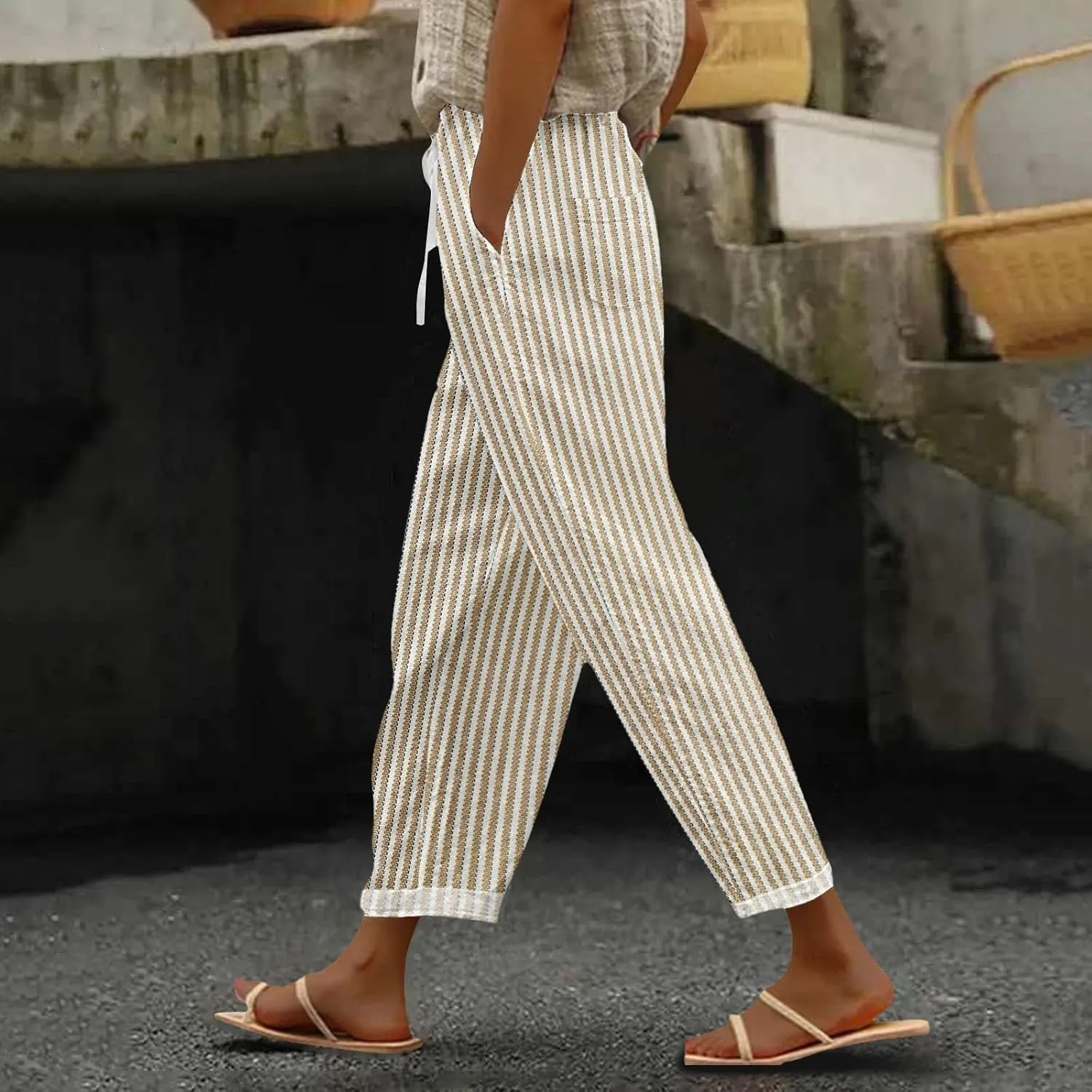 Women Linen Pants Summer Pure High Waist Lounge Bohemian Petite Trousers Trendy Outfit with Pockets