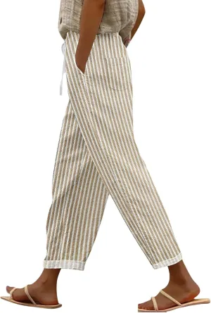 Women Linen Pants Summer Pure High Waist Lounge Bohemian Petite Trousers Trendy Outfit with Pockets