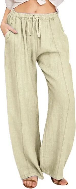 Women Linen Pants Summer Trouser Pant Cotton Blend Drawstring Elastic Waist Pocket Long Wide Leg Linen Pants Women
