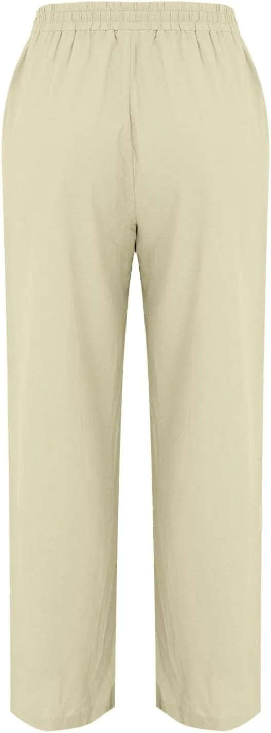 Women Linen Pants Summer Trouser Pant Cotton Blend Drawstring Elastic Waist Pocket Long Wide Leg Linen Pants Women